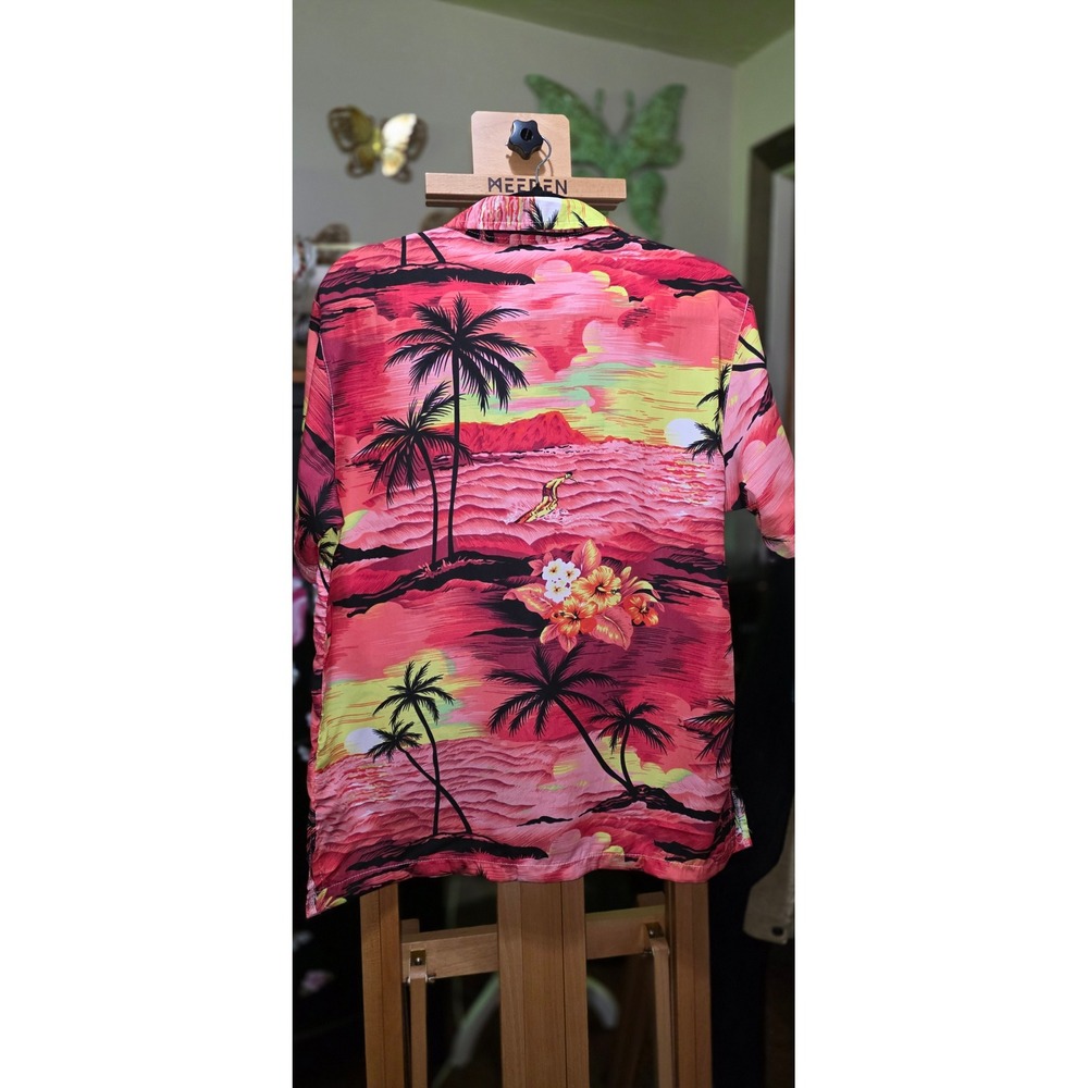 New Base Mens Tropical Sunset Hawaiian Shirt Pink Orange Palm Tree Surfer NWT